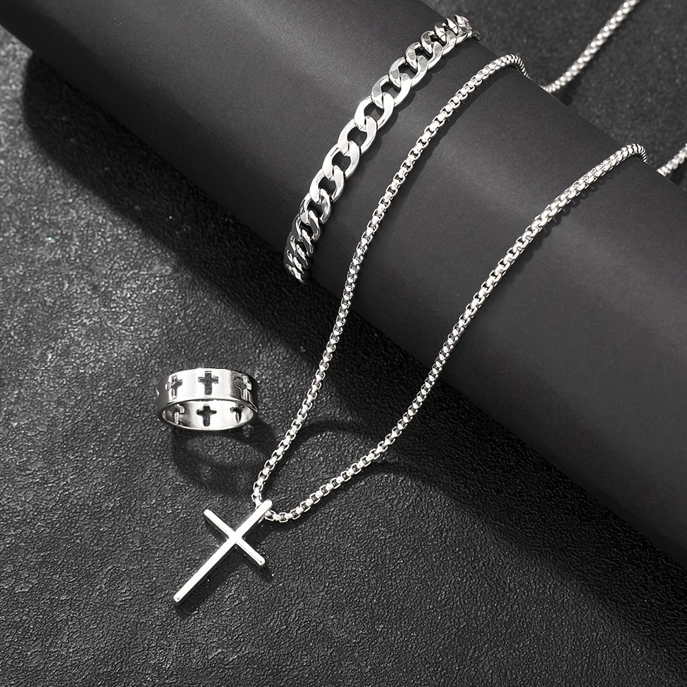 Conjunto de 3 piezas de joyería de hip-hop para hombres - Estilo elegante con brazalete, collar y anillo, diseño negro y blanco - Regalo ideal para novio/esposo
