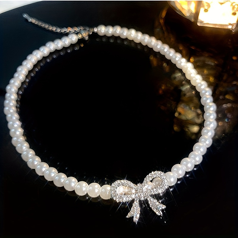 

1pc Elegant French Style Pearl Necklace With Bowknot, Luxury Pearl Choker For Daily And Banquet , Jewelry