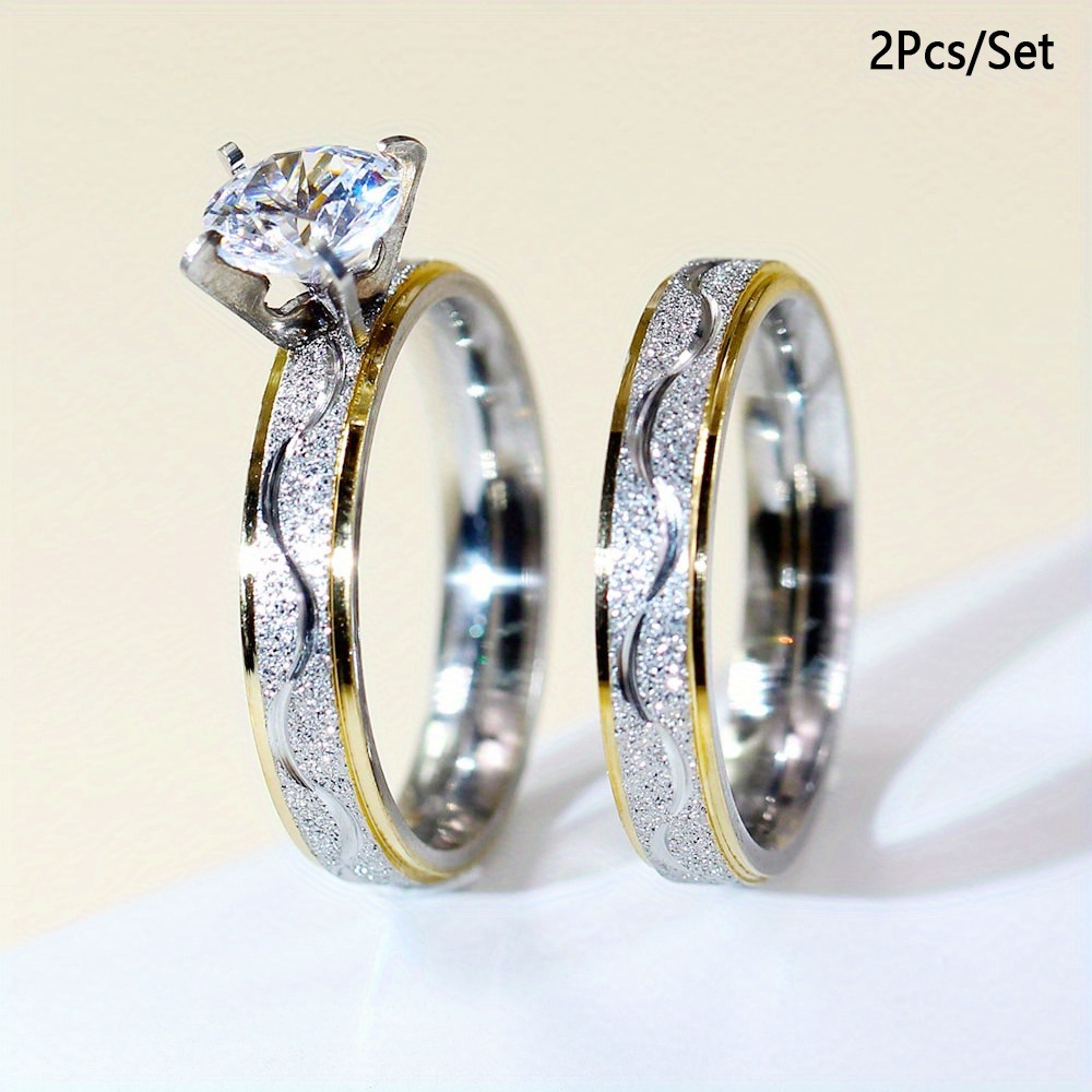 

2pcs/ Set Romantic Titanium Steel Set With Shiny Synthetic Zirconia 925 Silver Plated Couple Rings - The For Weddings And Engagements