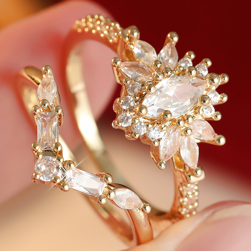 2pcs Women’s Plated Clear CZ Ring Set, Marquise Baguette & Sunburst Star Flower