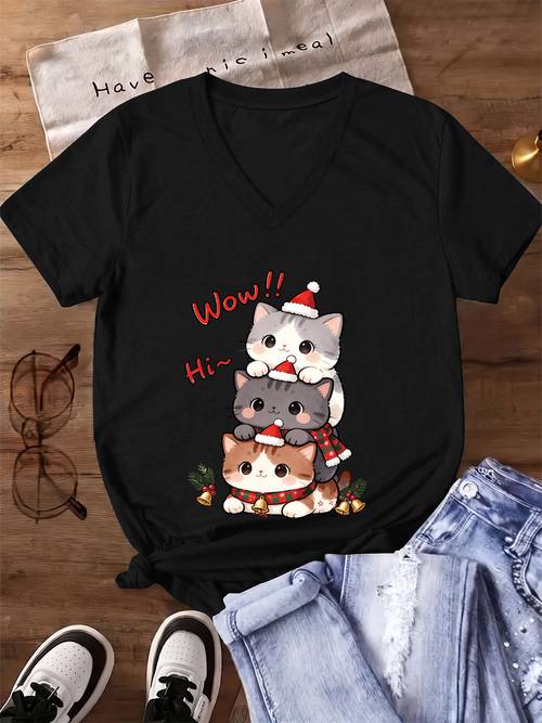 t-shirt pour femme à col et manches courtes avec imprimé - haut décontracté dété, pull confortable à élasticité moyenne adapté aux tenues de noël, lavable en machine, col pour un et la