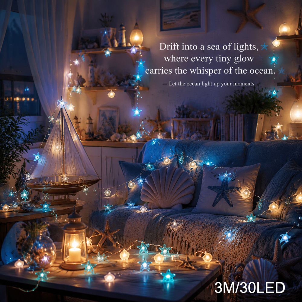 TEMU Guirlande Lumineuse LED Thème Océan en Fil de Cuivre, /30 LED Petites , avec Décorations Étoile de Mer, et , Alimentée par Piles (Piles Non