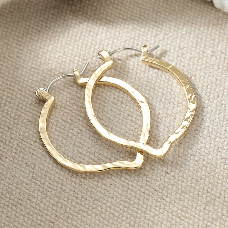 Women's Plated Hammered Leaf Hoop Earrings, Minimalist Style