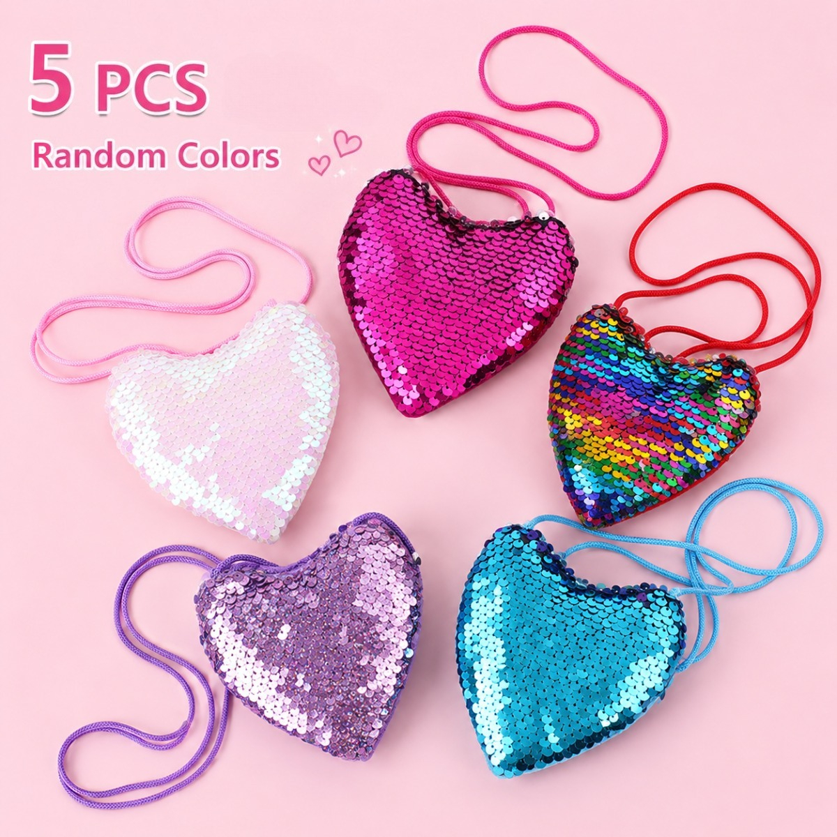 TEMU 5/12pcs Reversible Sequin Heart Crossbody Coin Purse, Assorted Random Colors Mini Shoulder Bag, Sequins Heart Shaped Small Wallet Bag For Party