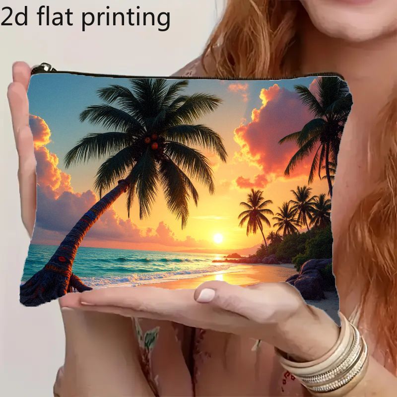 TEMU Tropical Beach Sunset Print Makeup Bag With Zipper Closure - Vibrant Palm Trees And Ocean Scenery Cosmetic Pouch, Lightweight Portable Women's