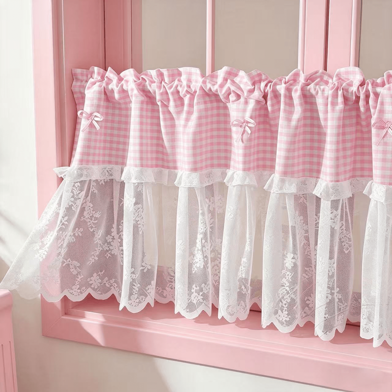 TEMU 1 Panneau Rideau Court Transparent Patchwork Dentelle Nœud Français, Design à Poches pour Tringle, Idéal pour Salon, Chambre, Balcon, Cuisine,