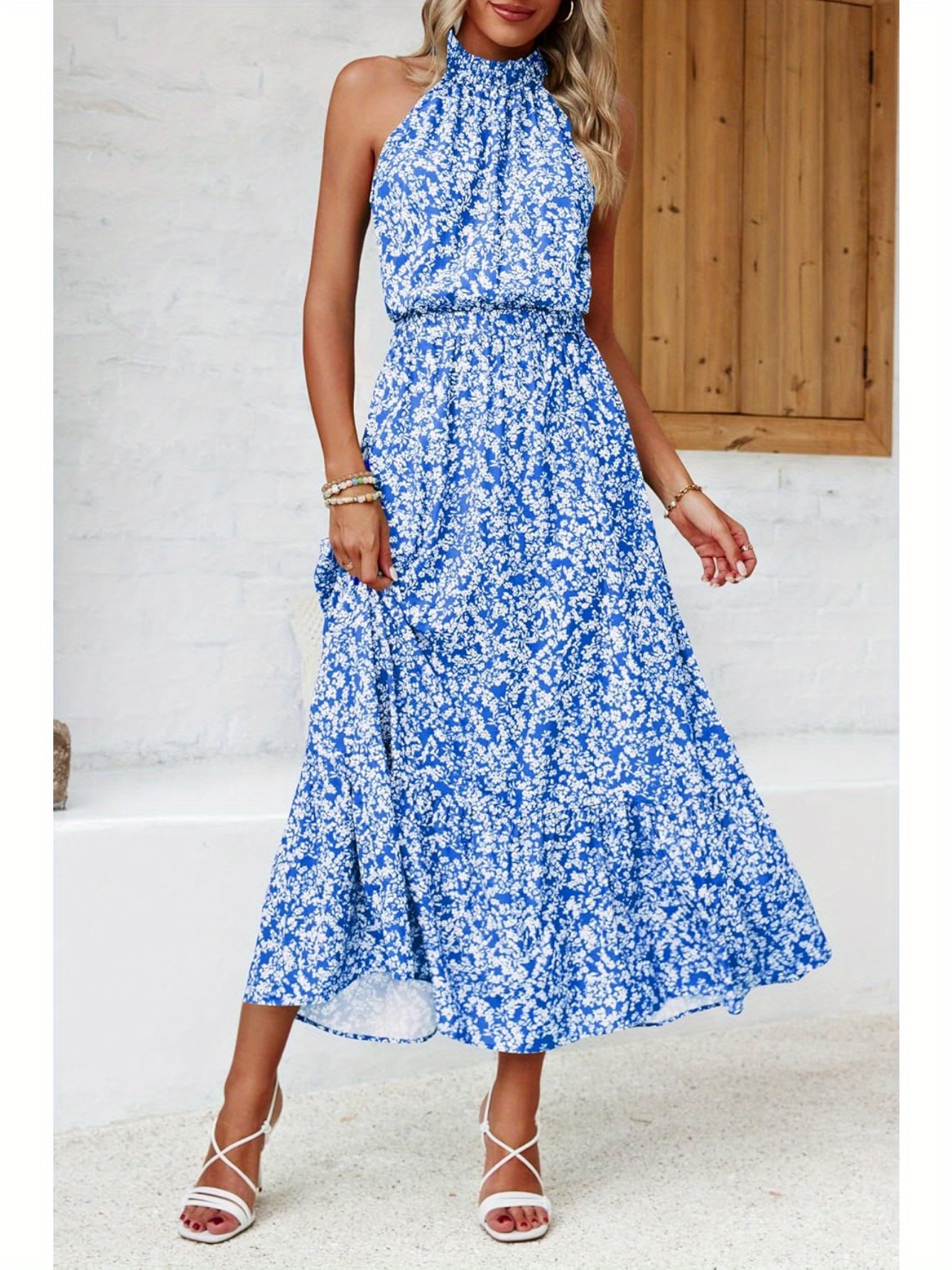 Sleeveless Women Halter Floral Boho Sun Vacation Long Maxi Summer Dresses