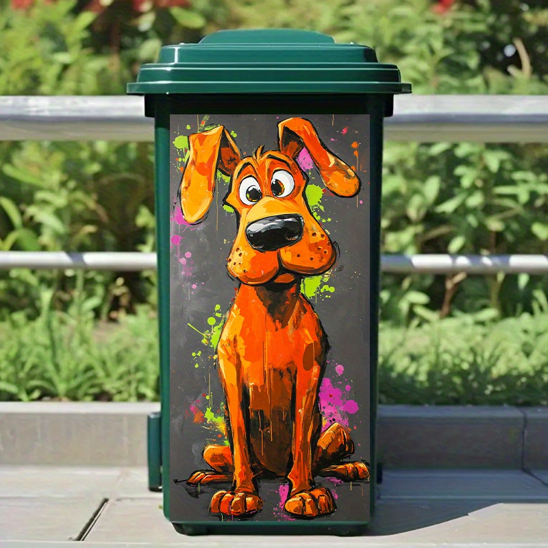 Image of 1 Cartoon Funny Dog Trash Can Sticker, Abstract Graffiti Style, Vibrant Colors, Waterproof Wall And Kitchen Decor Trash Can Decal