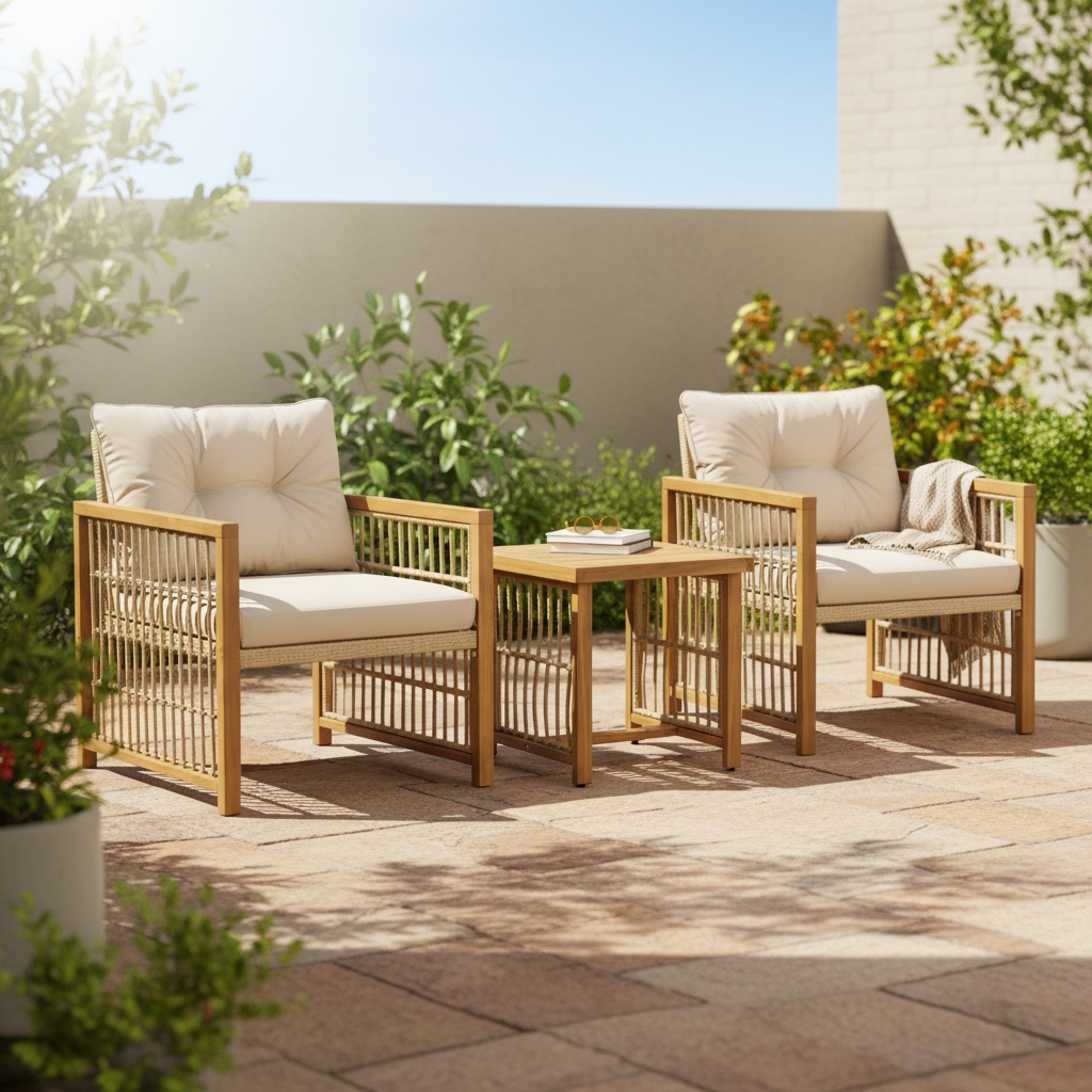 3pcs outdoor acacia wood pe rattan bistro set with removable cushions slatted coffee table all weather patio furniture armchairs and table for poolside backyard balcony easy  