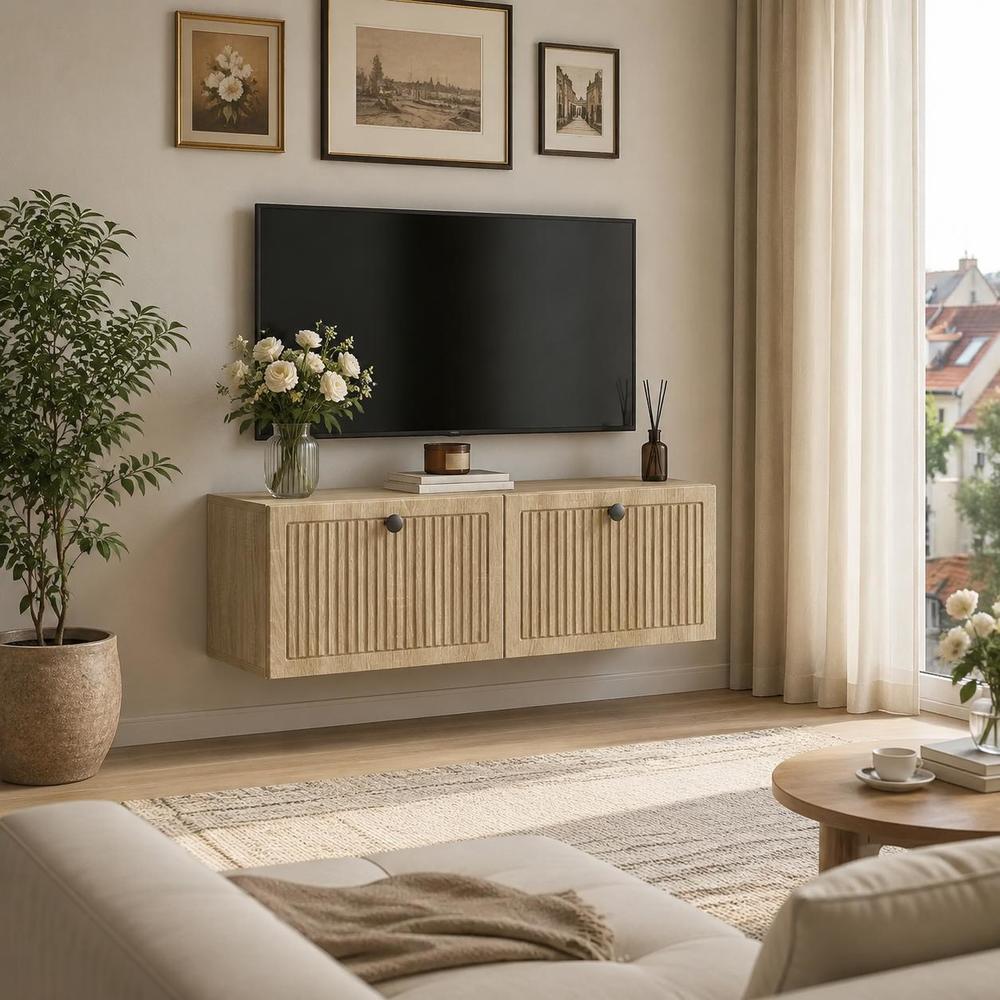 Image of Wall-mounted Tv Cabinet Modern Minimalist Floating Storage Shelf With Hinges And Metal Knobs For Living Room, Bedroom, Apartment Space-saving Oak End 78.5 X 31 X 30 Cm