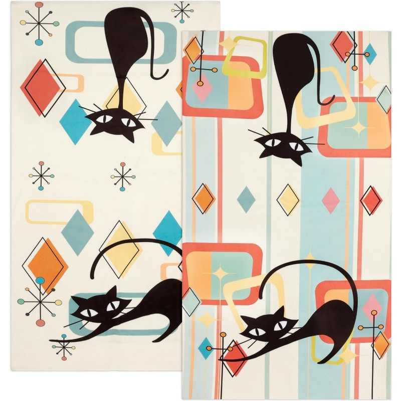 

2pcs Mid-century Modern Black Cat Kitchen Towels, Vintage Absorbent Hand Towels For Dining & Bathroom Decor, Soft Polyester, 18"x26, Tea Towel, Home Decor