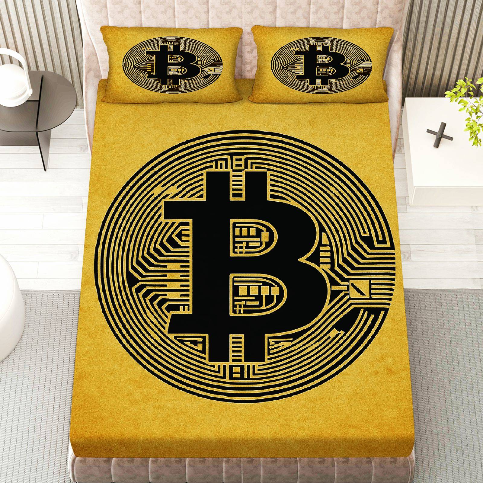 3-delige Bitcoin Cryptocurrency Digitaal Hoeslaken Set (1*Hoeslaken+2*Kussenslopen, Zonder Kern), Tech Thema, Blockchain Financiën Beddengoed Set, Matrasbeschermer Zacht, Ademend