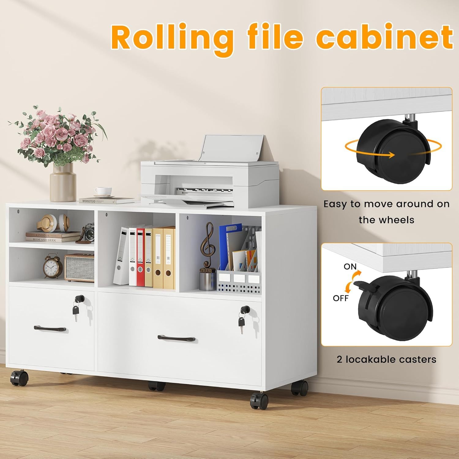 2 Drawer Wood Mobile Large Lateral File Cabinet with Lock, Lockable Rolling Filing Cabinet with Storage Shelves, Printer Stand Office Storage Cabinet for Home Office Fits Files Legal/A4, White