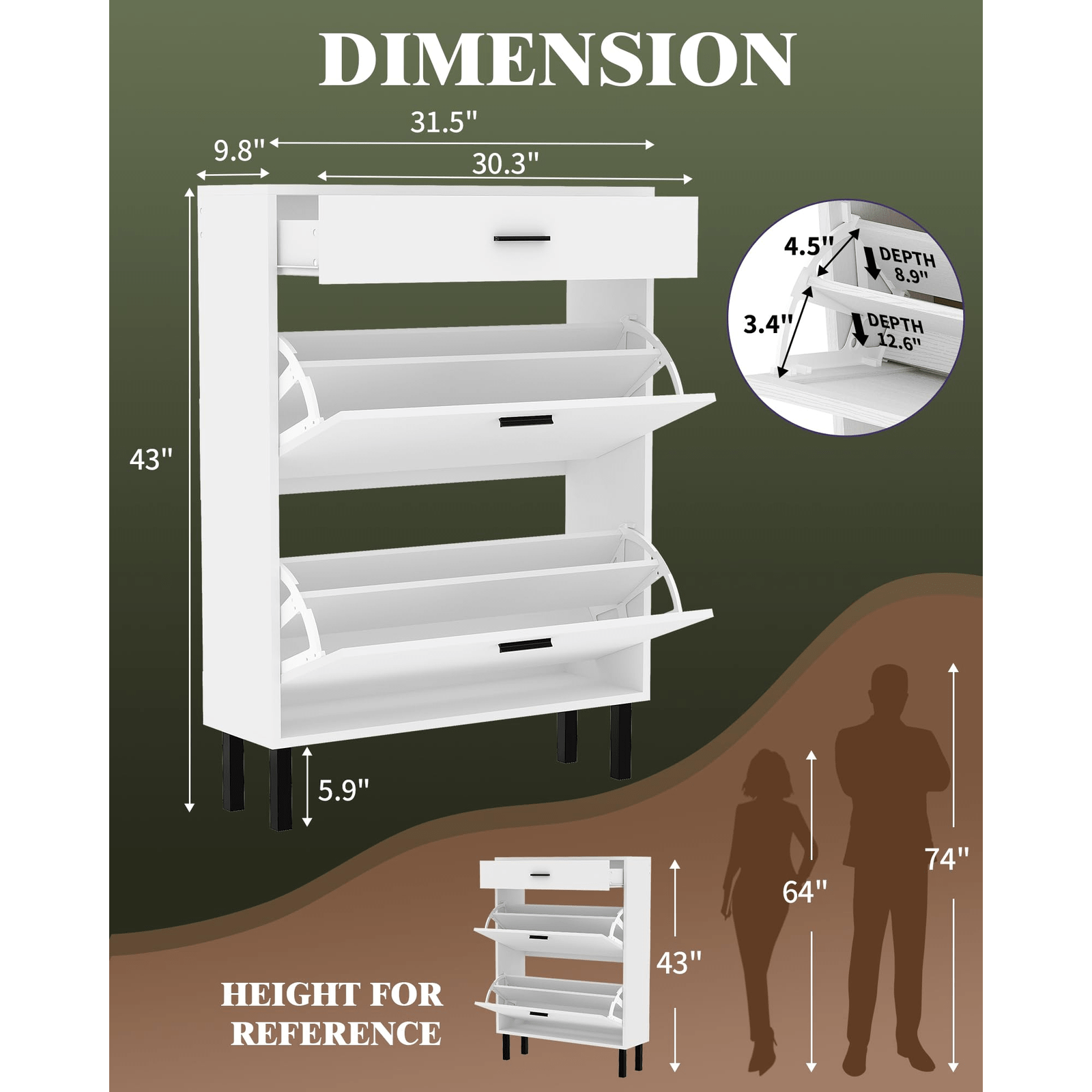 3-tier Adjustable Freestanding Shoe Cabinet, Entryway Shoe Organizer With Drawers And Adjustable Shelves