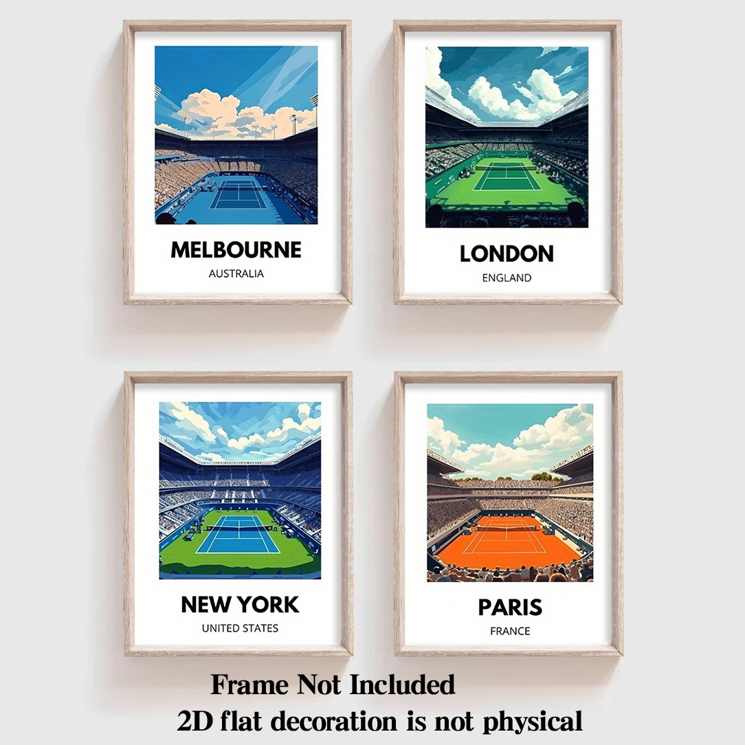 TEMU 2d Flat, 2d Flat Wall Decor Posters, Frameless, Set Of 4 - Tennis Court Posters, Decorative Wall Art, Iconic Tennis , Suitable For Bedroom,