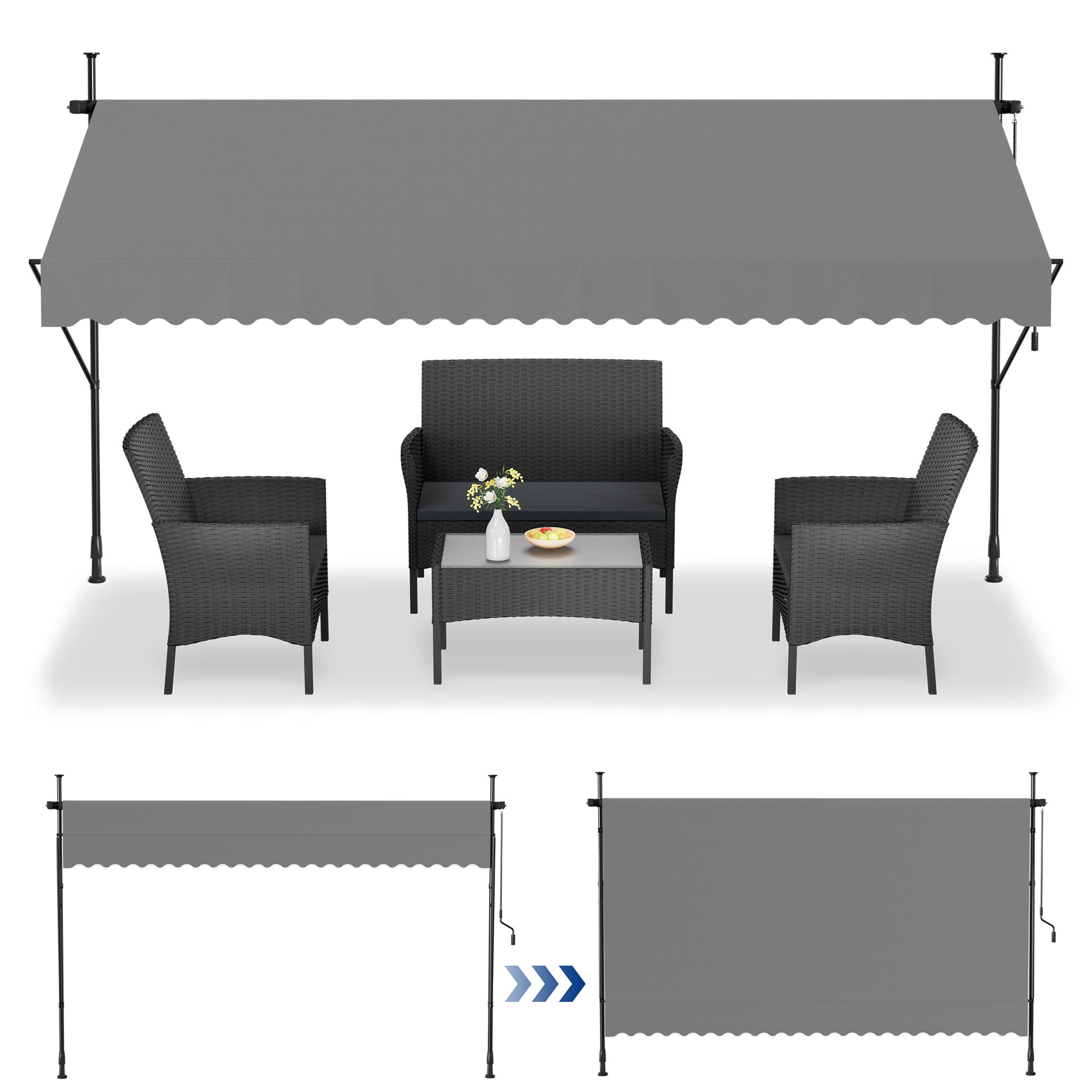 Image of Clip-on Awning Made Of Polyester Fiber, 350 X 120cm, Height Adjustable With Hand Crank, Suitable For And Outdoor Use (dark Gray/light Gray/gray And /blue And ).