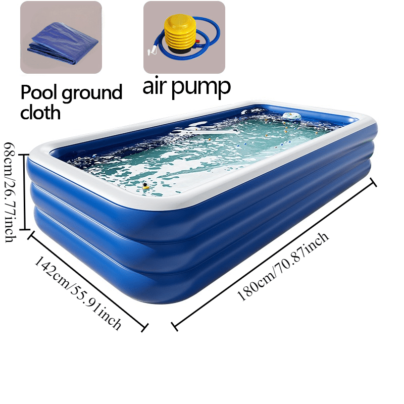 3pcs Set, Including 1 Blue Inflatable Swimming Pool + 1 Pool Mat + 1 Air Pump, Three-Layer Design, 210.01*150.01*68.0 cm Large Capacity, Swimming, Outdoor Backyard Pool, Suitable for Family Gatherings, Summer Parties, Balconies, Travel