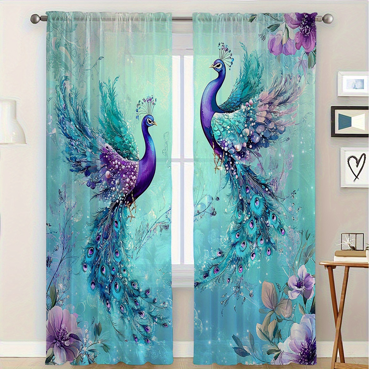TEMU 2pcs Semi-transparent Home Decor Curtains, Peacock Floral Print Sheer Curtains, Elegant And Decor Window Sheer, Window Drapery, Suitable For