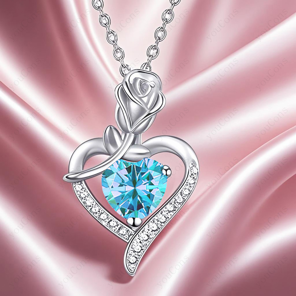 Women's Light Blue Lucky Stone Heart Pendant Necklace Gift Set