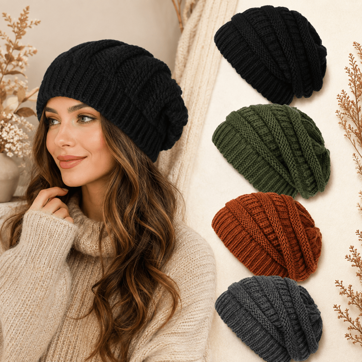 TEMU 4 Coarse Twist Brimless Caps - Adjustable Elastic Oversized Winter Hats Suitable For Outdoor, Cold Weather, Unisex Soft Warm Machine Washable