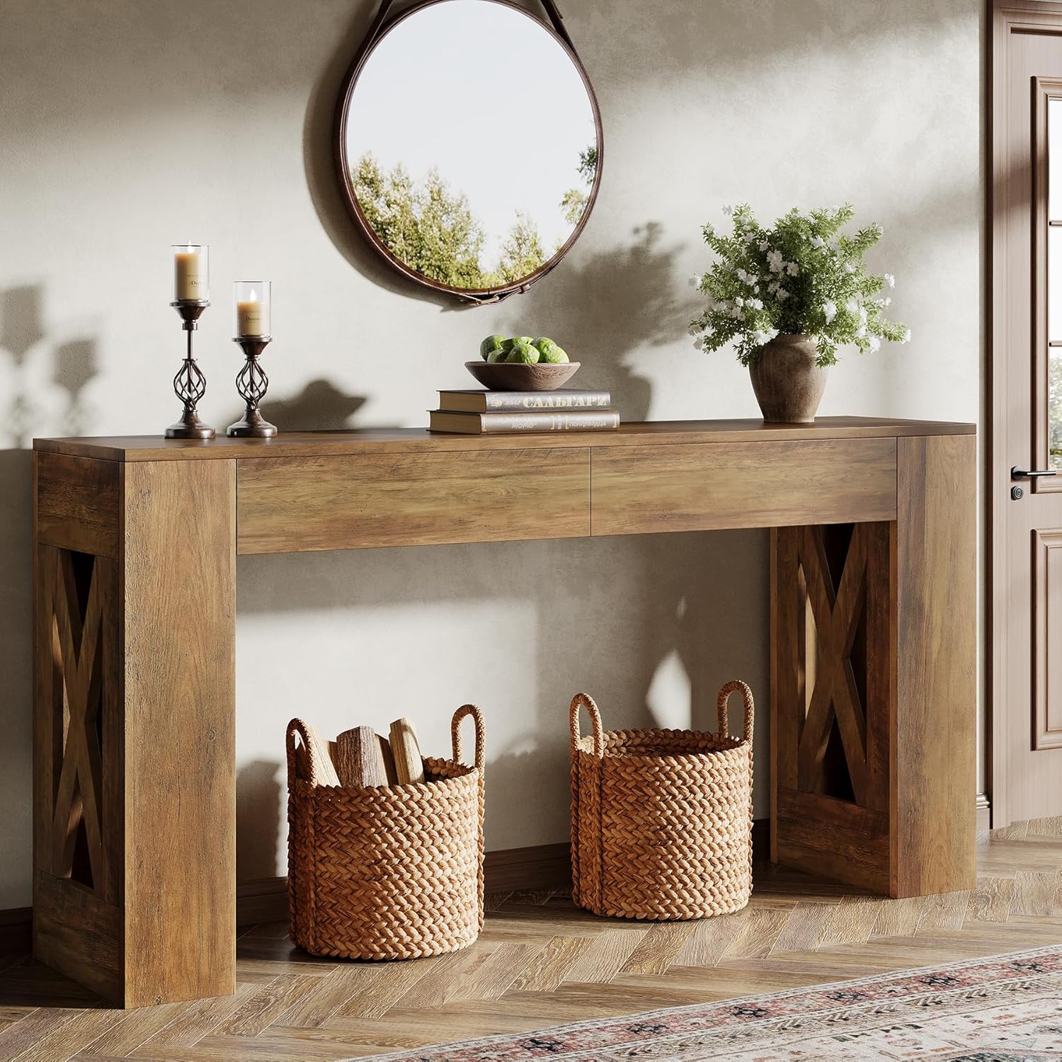 63-inch Console Table With X-shaped Legs & 2 Drawers - Oak Wood Narrow Sofa Table Suitable For Entryway, Hallway, Living Room Furniture, Assembly, Warm Brown Entry Table Behind Couch For Narrow Spaces