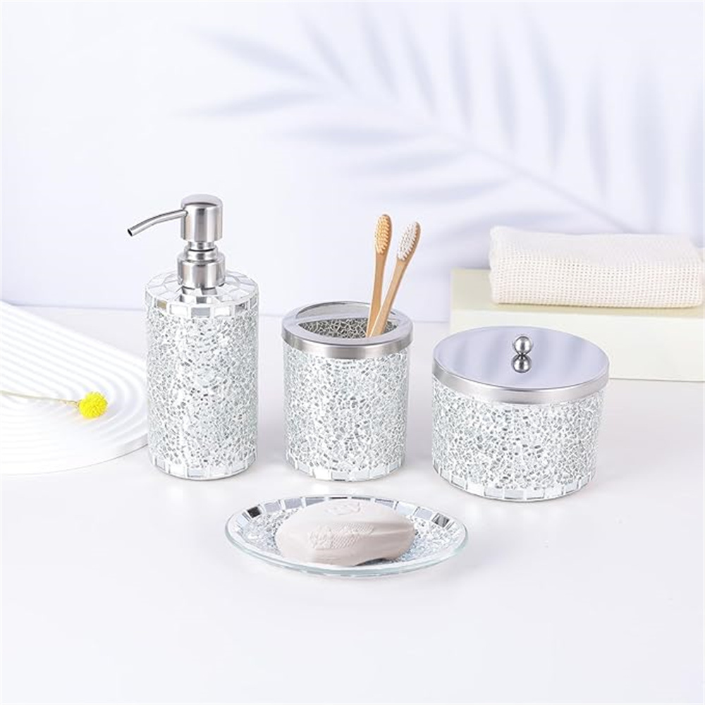 

Set Of 4 Bathroom Decor Items Including A Toughened Silver Mosaic Glass Soap Liquid Bottle And A Hand Sanitizer Container.