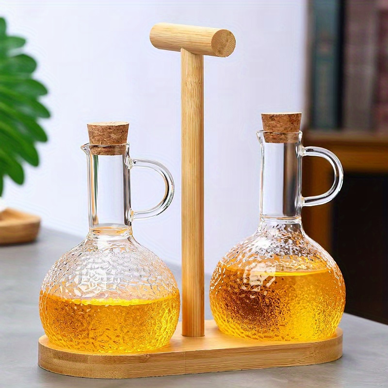 TEMU European Style Oil Bottle Set - 2pcs Oil Bottles + Free Wooden Stand, Glass Oil Cruet, Oil Storage Container, Seasoning Bottles With Wooden
