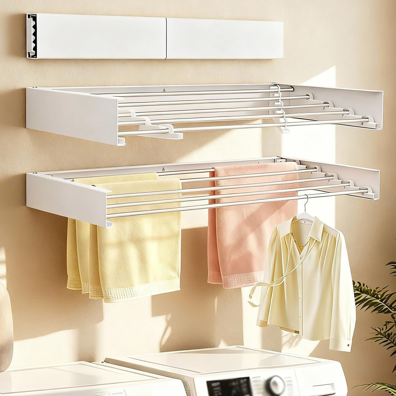 TEMU 1- Pack Heavy Duty Folding Hidden Wall- Mounted Clothes And Towel Drying Rack | 5 Rods, Space Saving Storage Rack, Foldable For Bathroom/