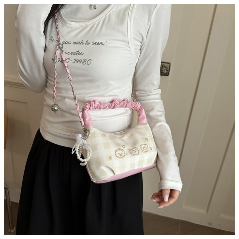 Plaid Ruched Handle Hobo Bag With Pearl Bow And Chain Shoulder Bag_voghion.com