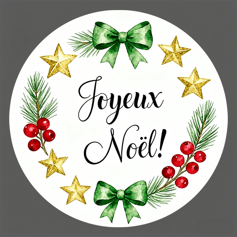 TEMU 96 autocollants cadeaux de Noël - " Noël !" en français avec couronne aquarelle de branches de pin, rouges, étoiles dorées, nœuds verts et