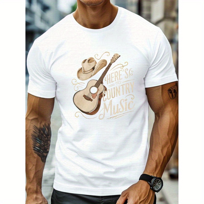 

Country Music Guitar Print Men's T-shirt - Casual Crew Neck, Short Sleeve, Lightweight & Comfy For Summer, Guitar Cowboy, Top, Style, Conventional Version, Summer