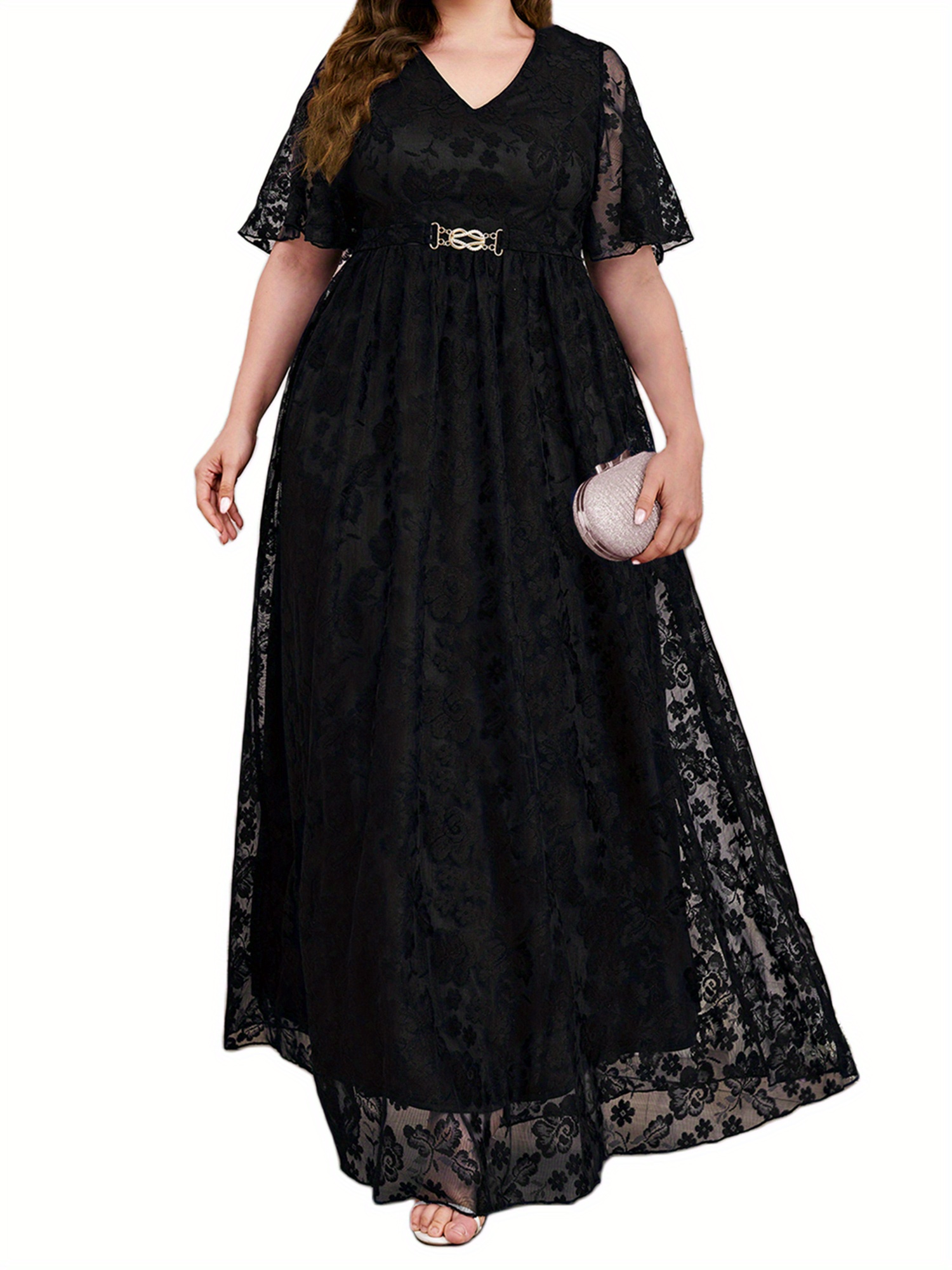 elegant plus size floral lace maxi dress women v neck half - Temu