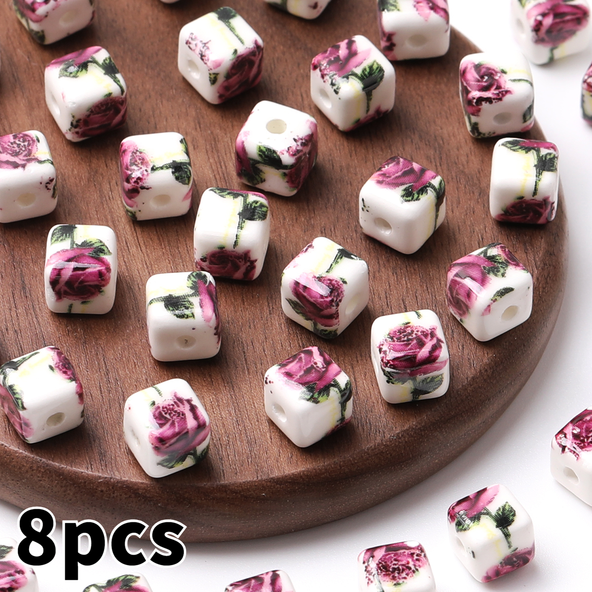 8pcs/16pcs Cube Printed Flowers Glazed Square Ceramic Beads for DIY Jewellery