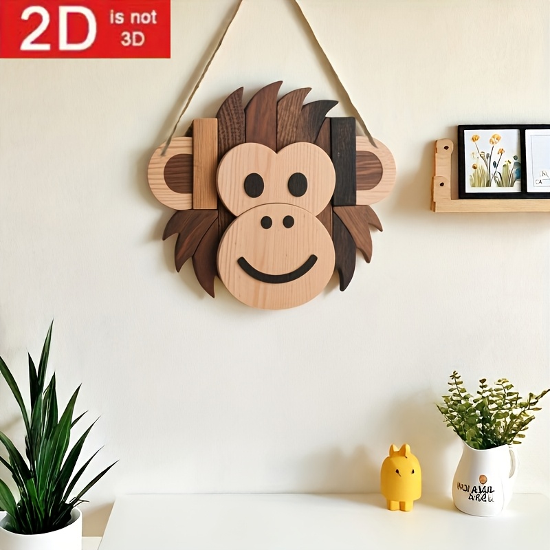 TEMU 2d Flat - 1pc Wooden Cute Monkey Decorative Pendant, Cartoon Double-layer Animal Pendant, Retro Monkey Ornament, Bohemian Style Monkey Wooden