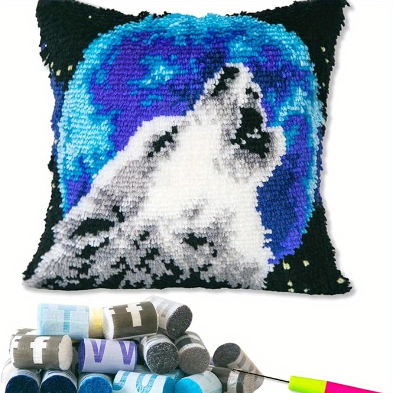 

Diy Hook Wolf & Moon Throw Pillow Cover Kit - 17x17 Inch, Easy-to- Needlework Craft Set For All ,