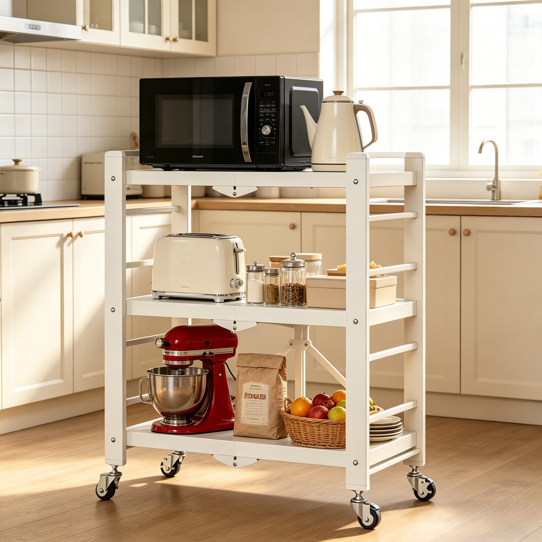 3-layer Foldable Storage Rack, Expandable Foldable Cutlery Rack With Wheels, Large Folding Rack, Metal Rack For Foldable Storage In Kitchens, Rooms, And Garages, White, Utility Racks
