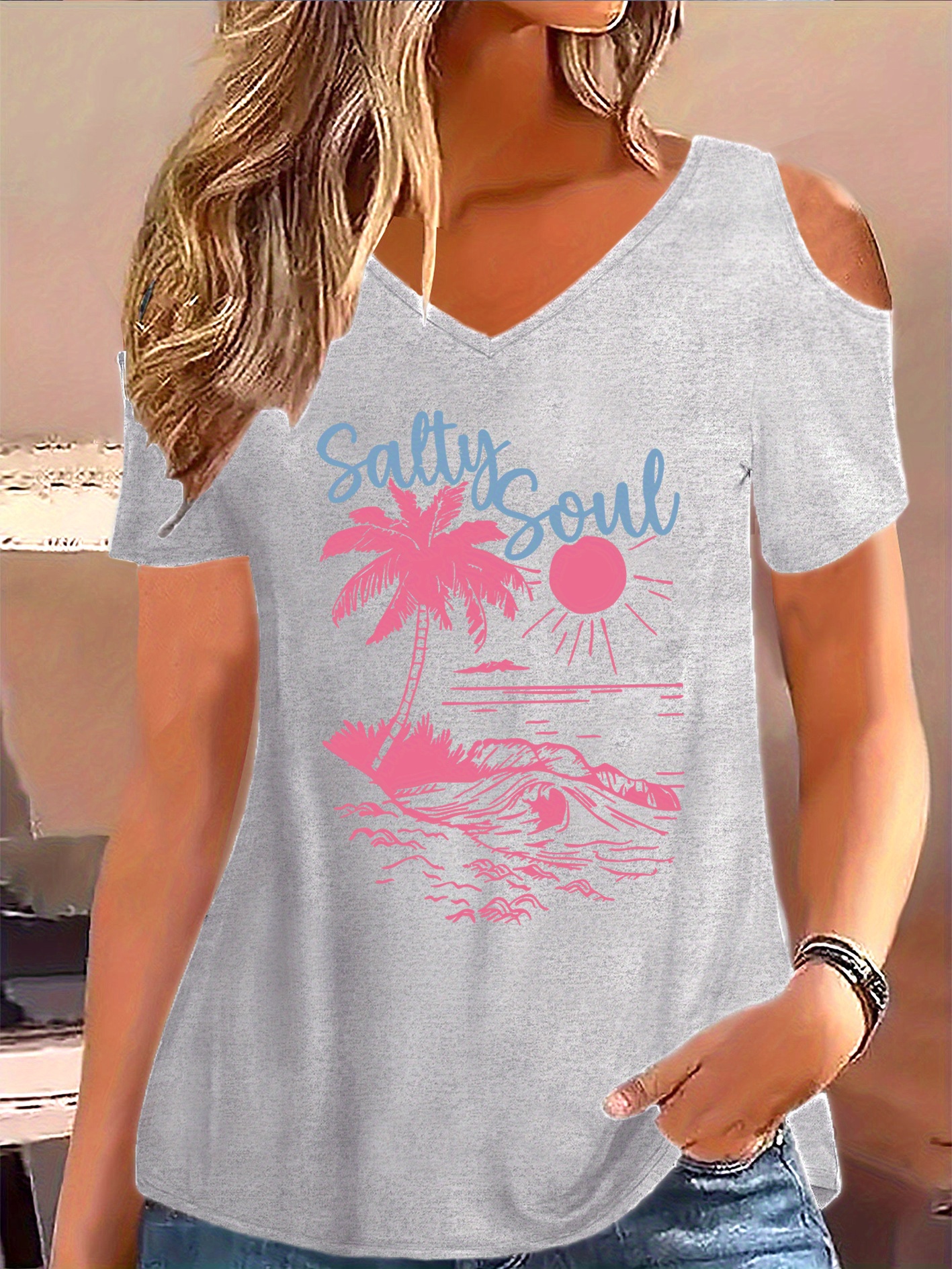 Women's Cold Shoulder Floral Print T-Shirt - Loose Casual Summer Top With Front Tie (Size XL) - View #7