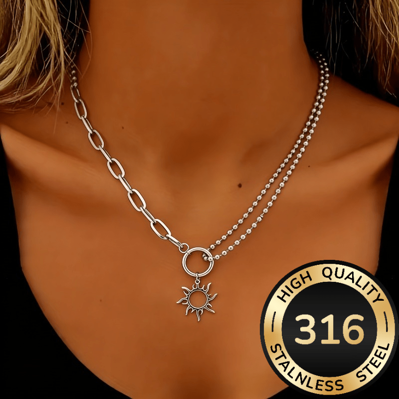 E-shop Hip Hop Hohle Sonne Anhänger Halskette, Böhmische Minimalistische KC Vergoldenete Edelstahl Halskette, Lässige Senior Schlüsselbeinkette, für