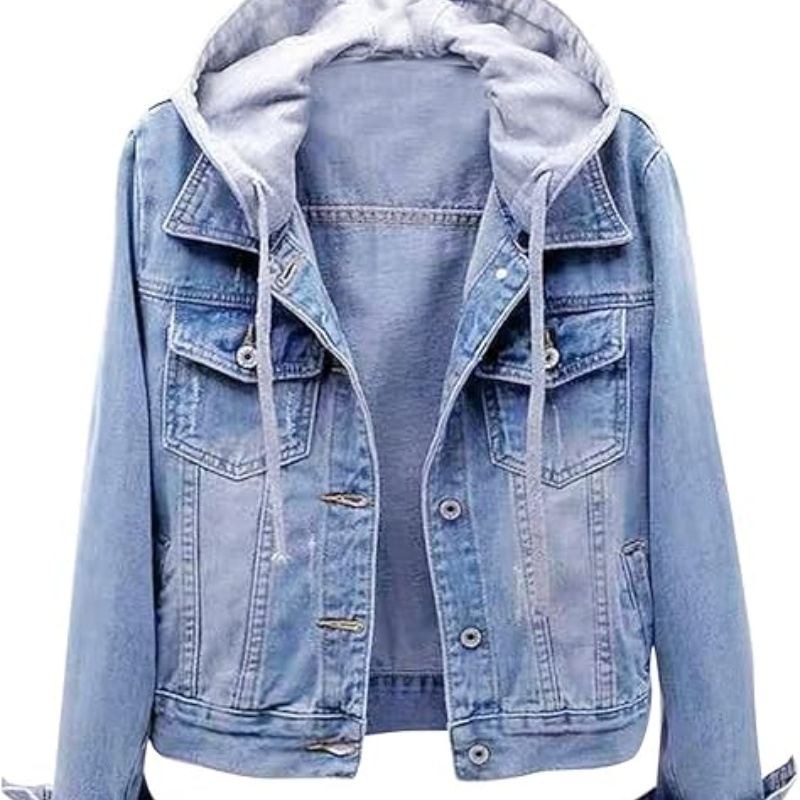 

Women's Casual Denim Jacket With Detachable Hood - Button-down, Fleece Lined For , Cotton , Machine Washable - Spring/fall