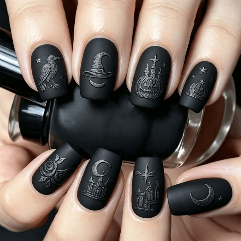 TEMU 70pcs Short Square False Nails For Halloween Festive Style 3d Embossed Crow Witch Hat Pumpkin Lantern Haunted Castle Crescent Star Rose Pattern