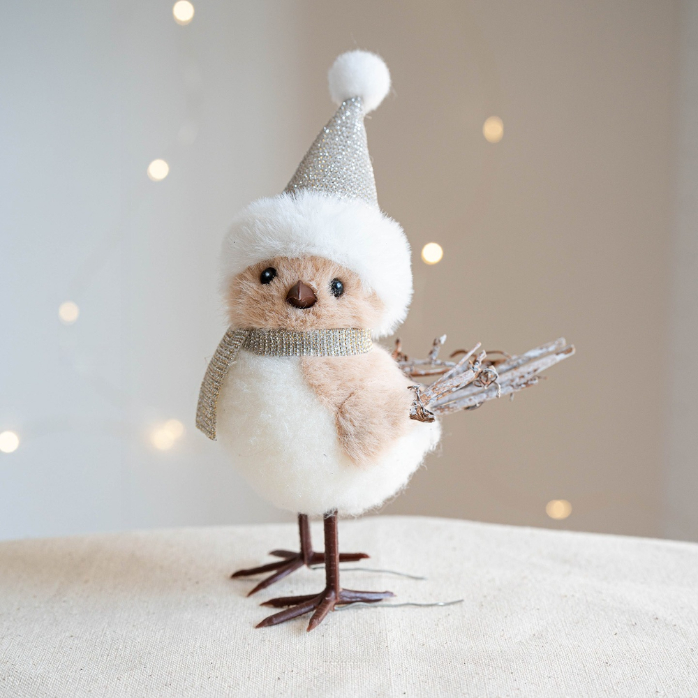 TEMU 1 pieza de decoraciones navideñas - estatuas de pájaros artificiales de espuma, equipadas con sombreros y bufandas navideñas plateadas de