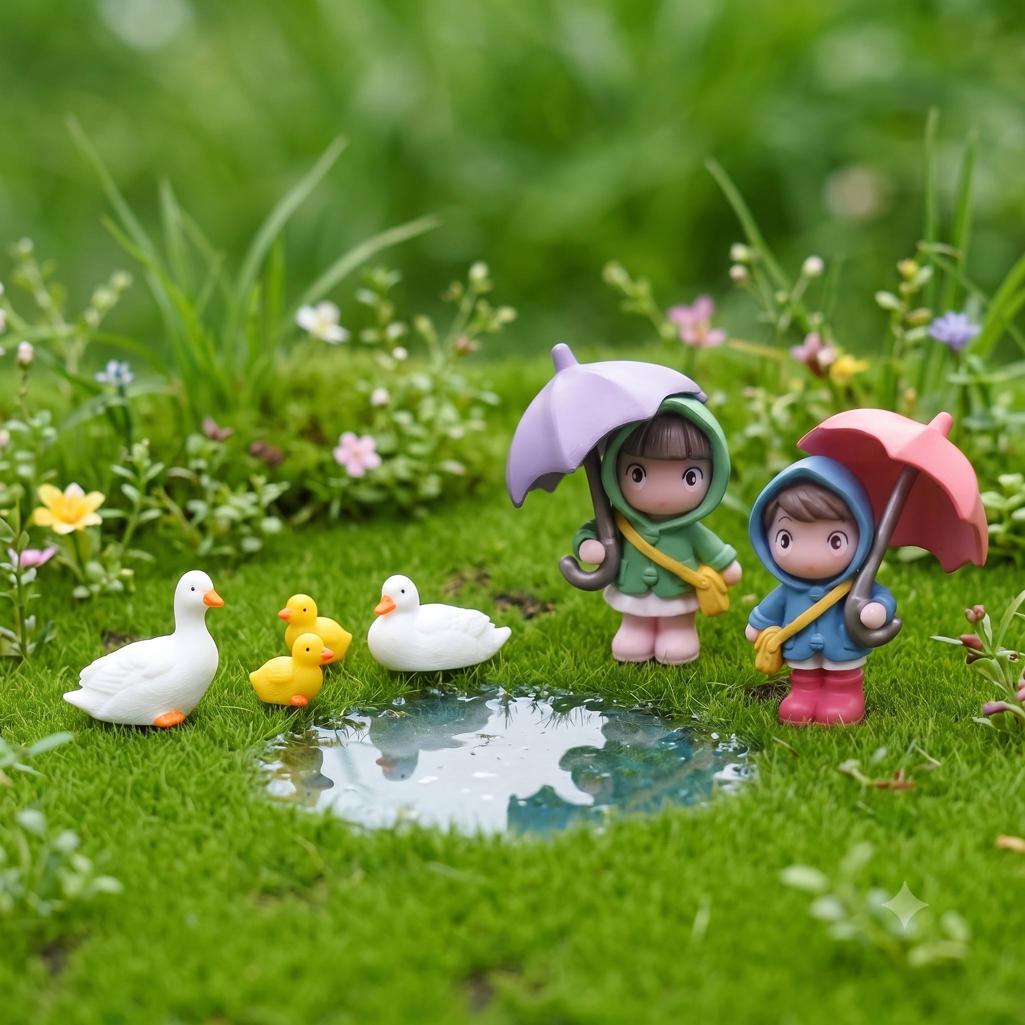 TEMU 6pcs Mini Resin Figurines, Couple With Umbrella And Duck Miniature Statues, Collectible Decor For Halloween Thanksgiving Christmas,