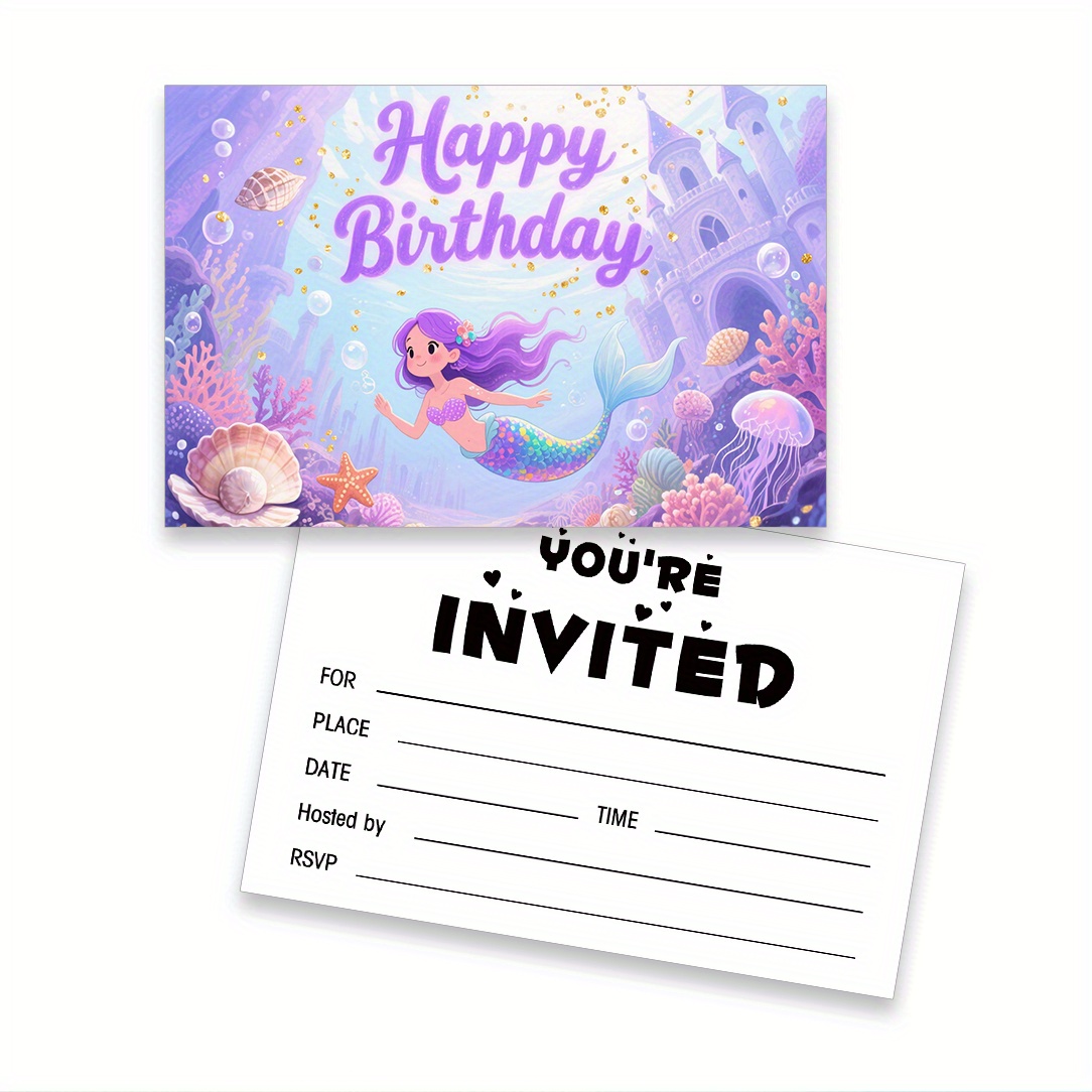 TEMU 16pcs Set Of Invitations For A Purple-themed Mermaid Birthday Celebration, Gathering For Different Party Events And Meals, Measuring 4x6 Inches