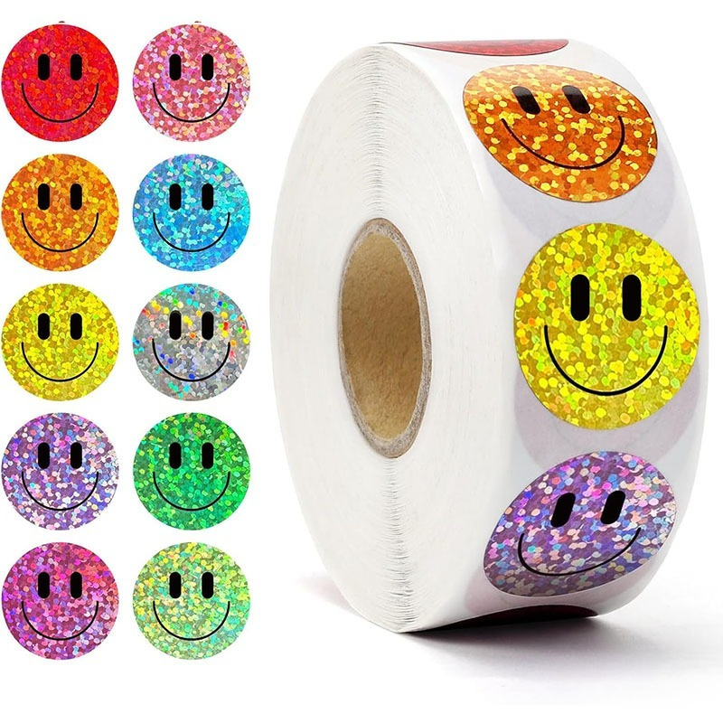 slika predmeta 500   nalepk z bleščečimi nasmehi, 1 palča, 10 barvitih svetlečih folijastih nalepk s srečnim nasmehom,   za učencev, za šolsko učilnico, učitelja