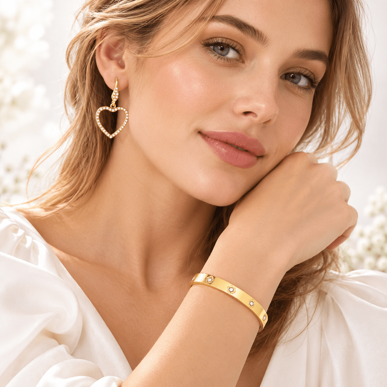 3pc 18K Gold Plated Bracelet and Earring Set, Matte Tray Design