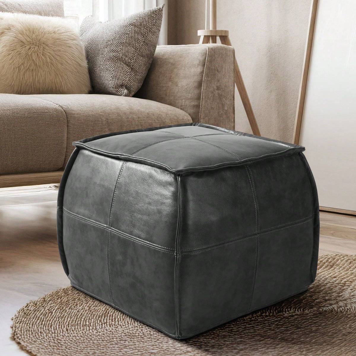Leather Ottoman, Handmade Stuffed Square Ottoman, Genuine Leather Pouf, Foot Rest Pouf, Comfortable Soft Seating for Living Room& Bedroom(Brown, Black, Grey, Square)