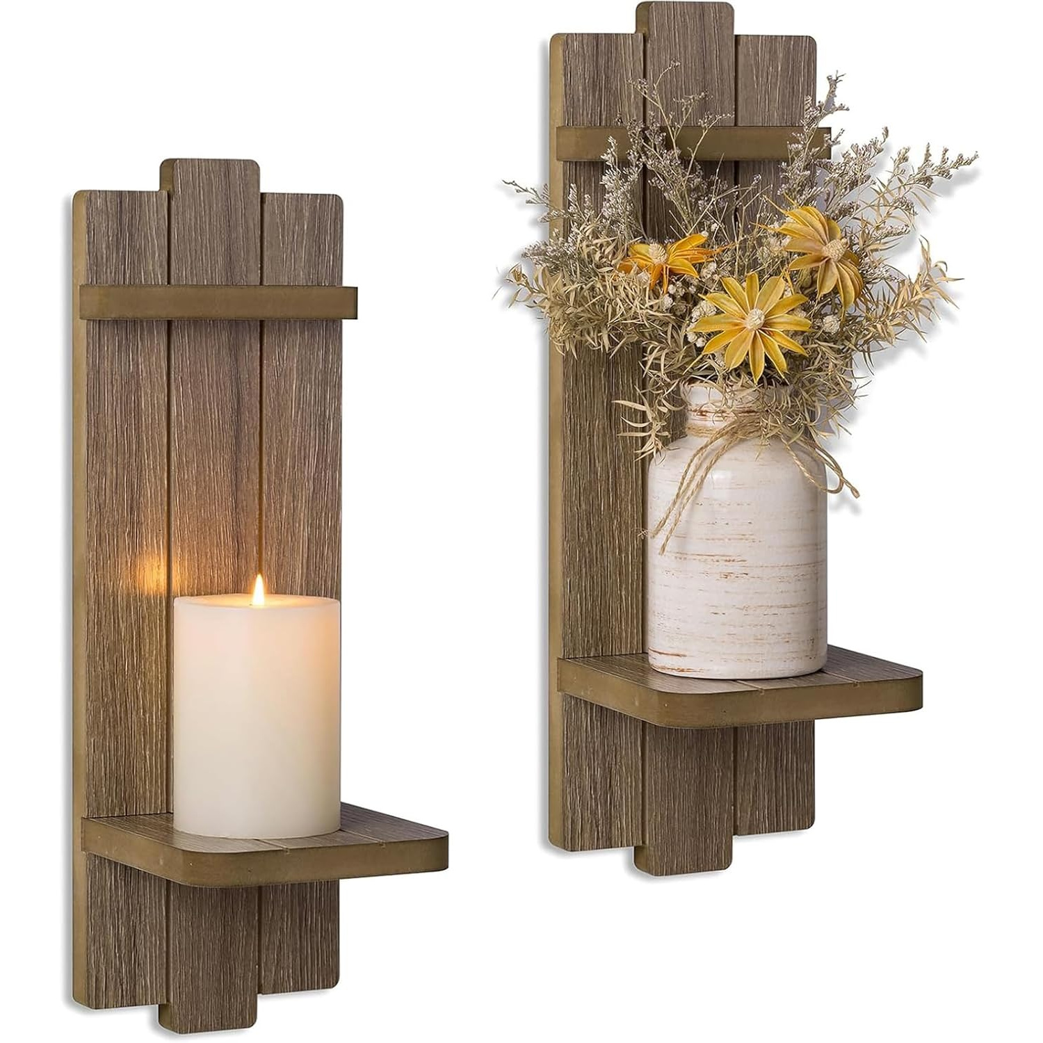 Image of Farmhouse Wall Candle Holder: Wood Floating Shelves Candle Sconces Wall Decor Set Of 2- Distressed Candle Holders For Small Vase Pillar Candles Tealight