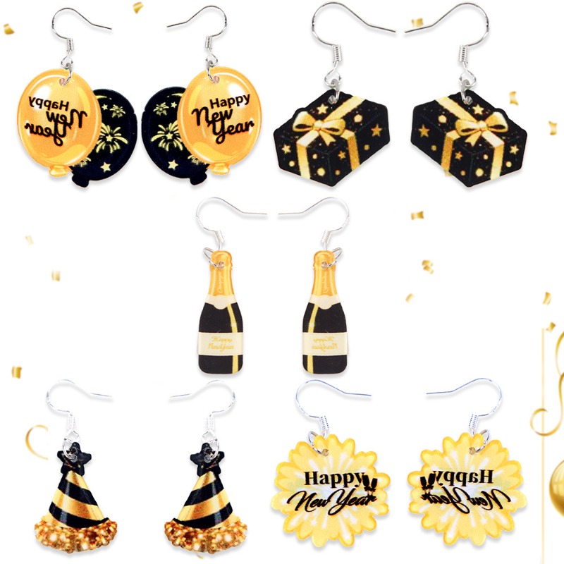 TEMU Pair Of 5 Elegant Happy New Year Women's Earrings, New Year's Eve Party Acrylic Earrings, Holiday Celebration Earrings, New Year's Gift, Holiday