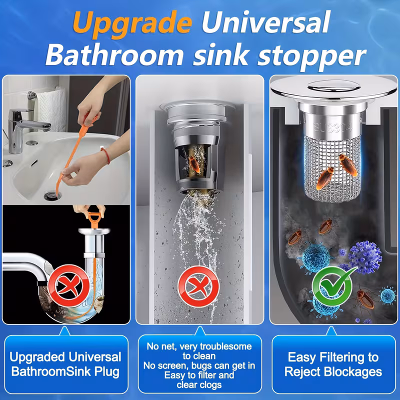 set of 2 stainless up sink drain filters with removable baskets suitable for bathtub shower drain covers hair catchers to prevent clogs on replacement plugs for clearing blockages no chemicals needed easy to clean Product details 3
