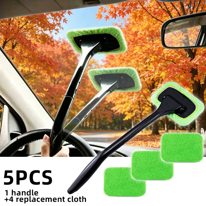 Image of 5pcs Set, 1pc Handle And 4pcs Replacement Cloths, Windshield Cleaning Tool, Reusable Cloth Pad, Car Interior Window Cleaning Stick, Car Wiper Brush, Used For Cleaning Dust And Stains